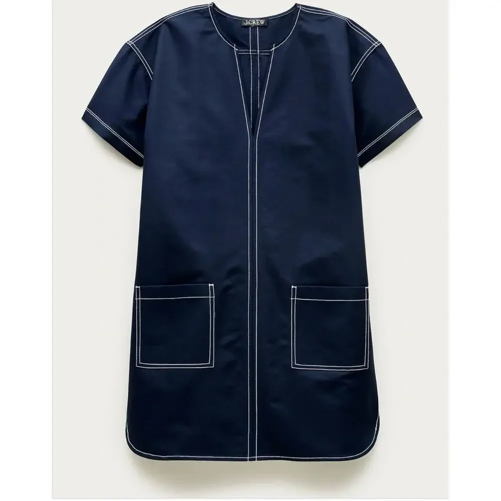 J Crew Patch Pocket Dress L Navy Blue NWT Structured Poplin Shift Coastal Prep
